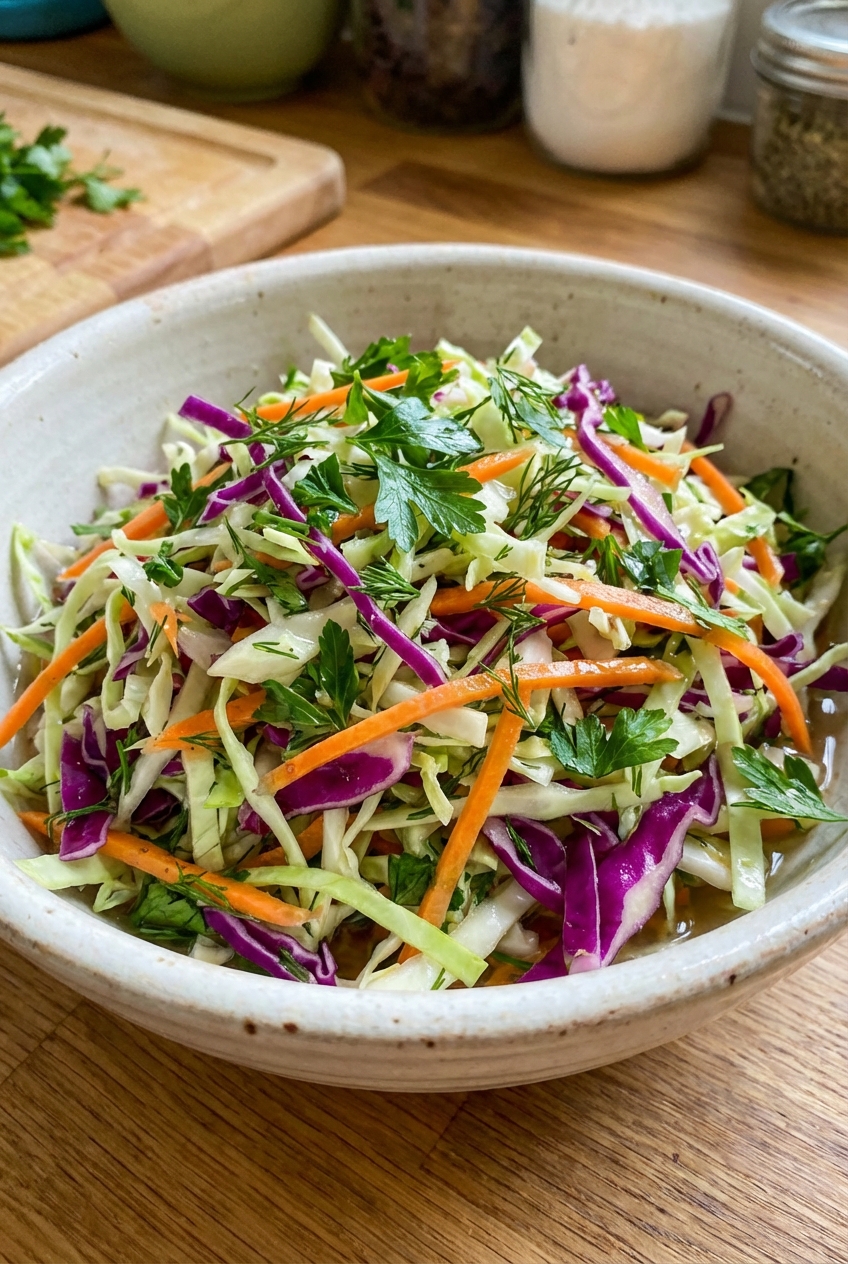 A bright vinegar slaw with shredded cabbage and herbs in a bowl