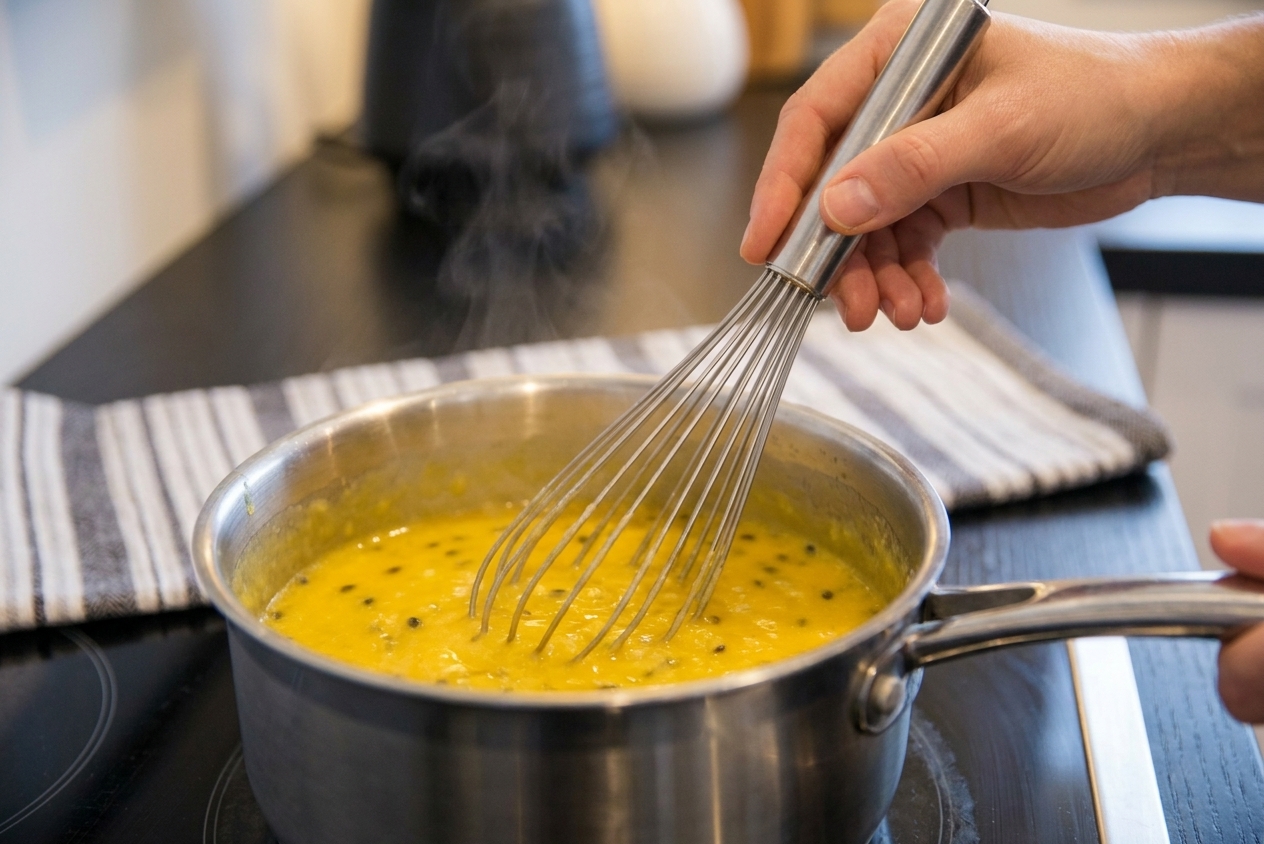 A bright yellow passionfruit mixture being whisked in a saucepan on a stovetop with gentle steam just starting to rise