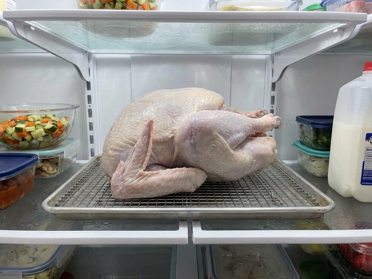 A brined turkey resting on a wire rack over a sheet pan, uncovered, in a refrigerator