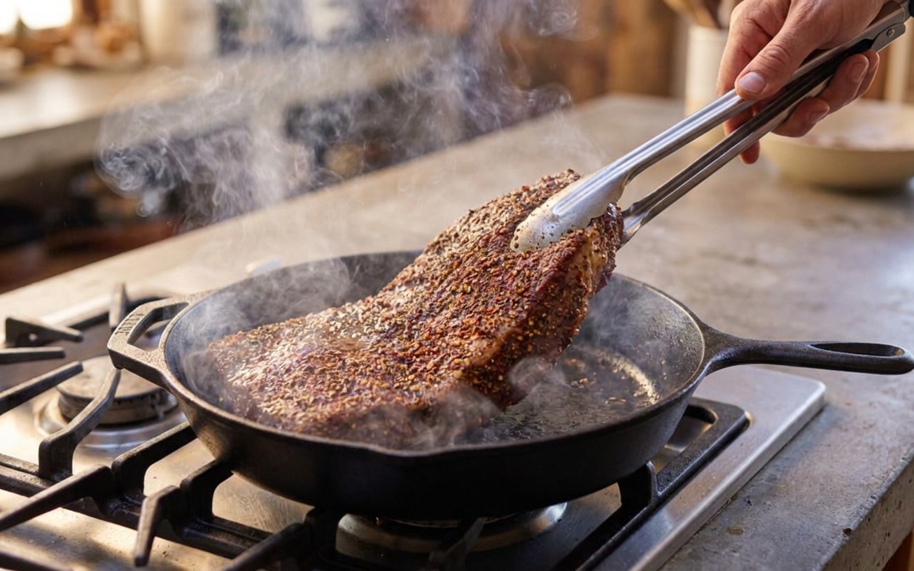 A brisket being seared in a hot skillet on a stovetop, with tongs holding one edge