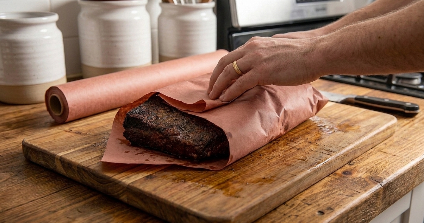 A brisket being wrapped tightly in pink butcher paper on a cutting board