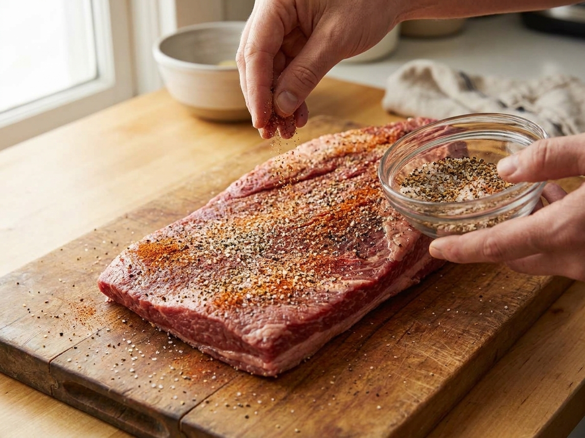 A brisket on a cutting board with a simple spice rub being sprinkled over the surface