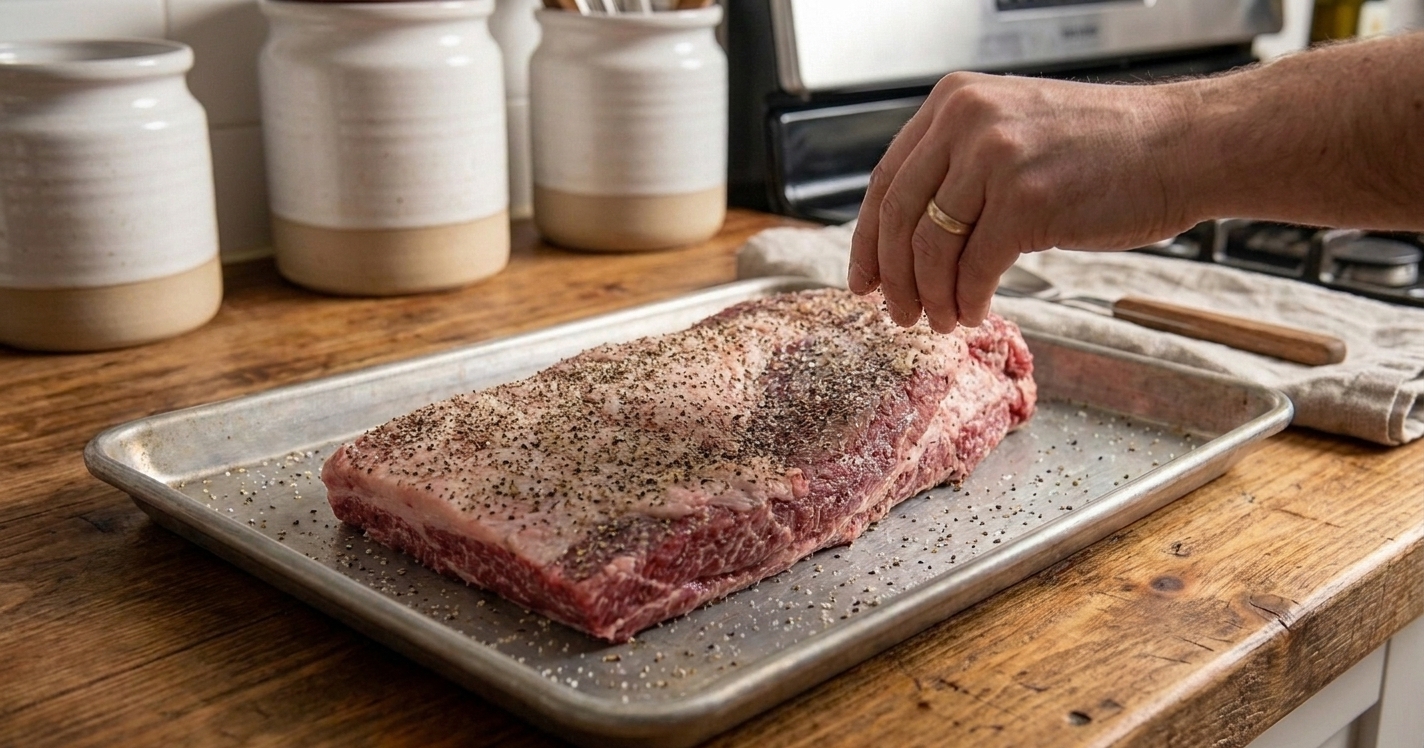 A brisket on a tray being seasoned heavily with coarse black pepper and salt in a bright kitchen