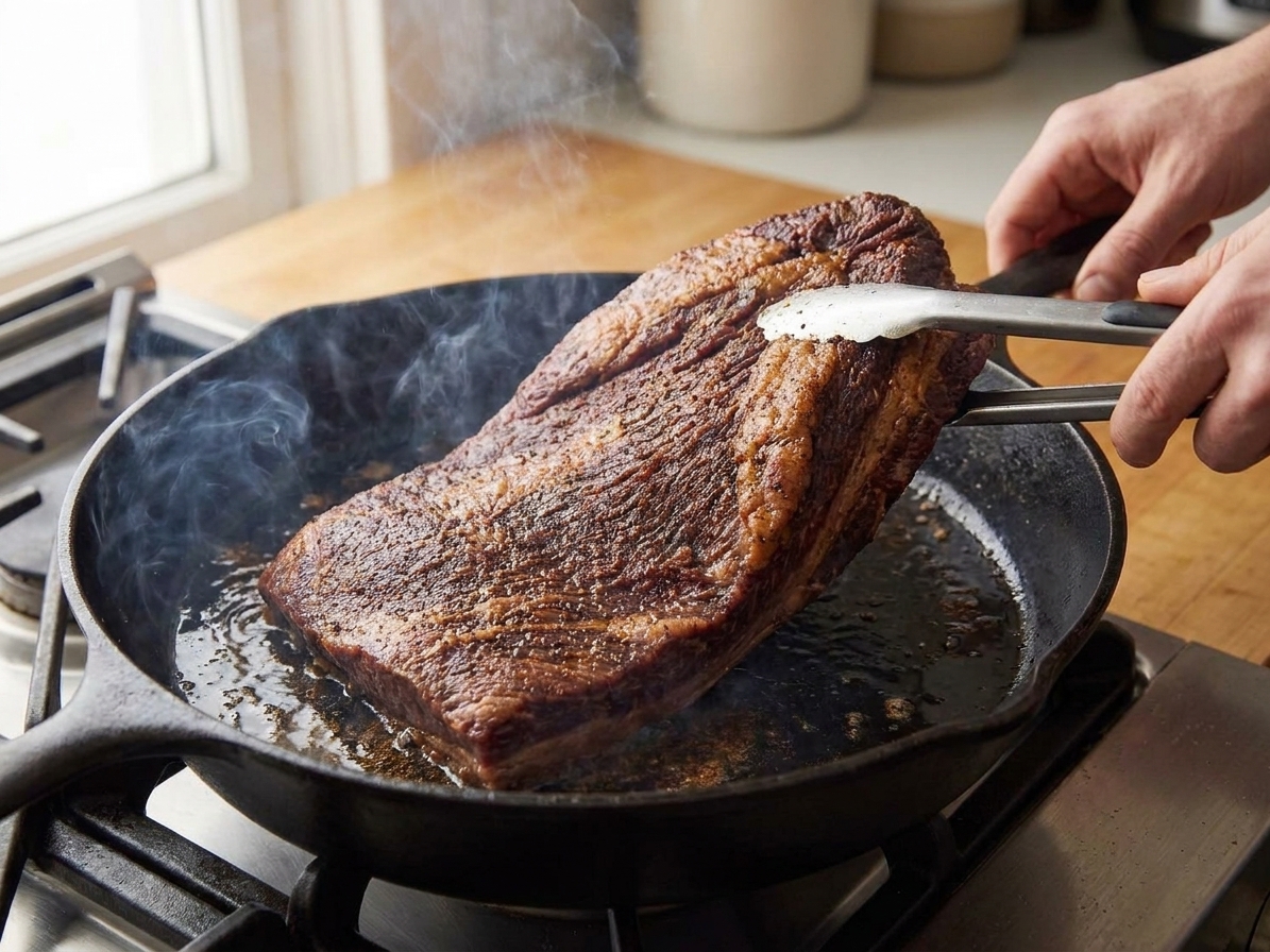 A brisket searing in a hot skillet with browned edges forming