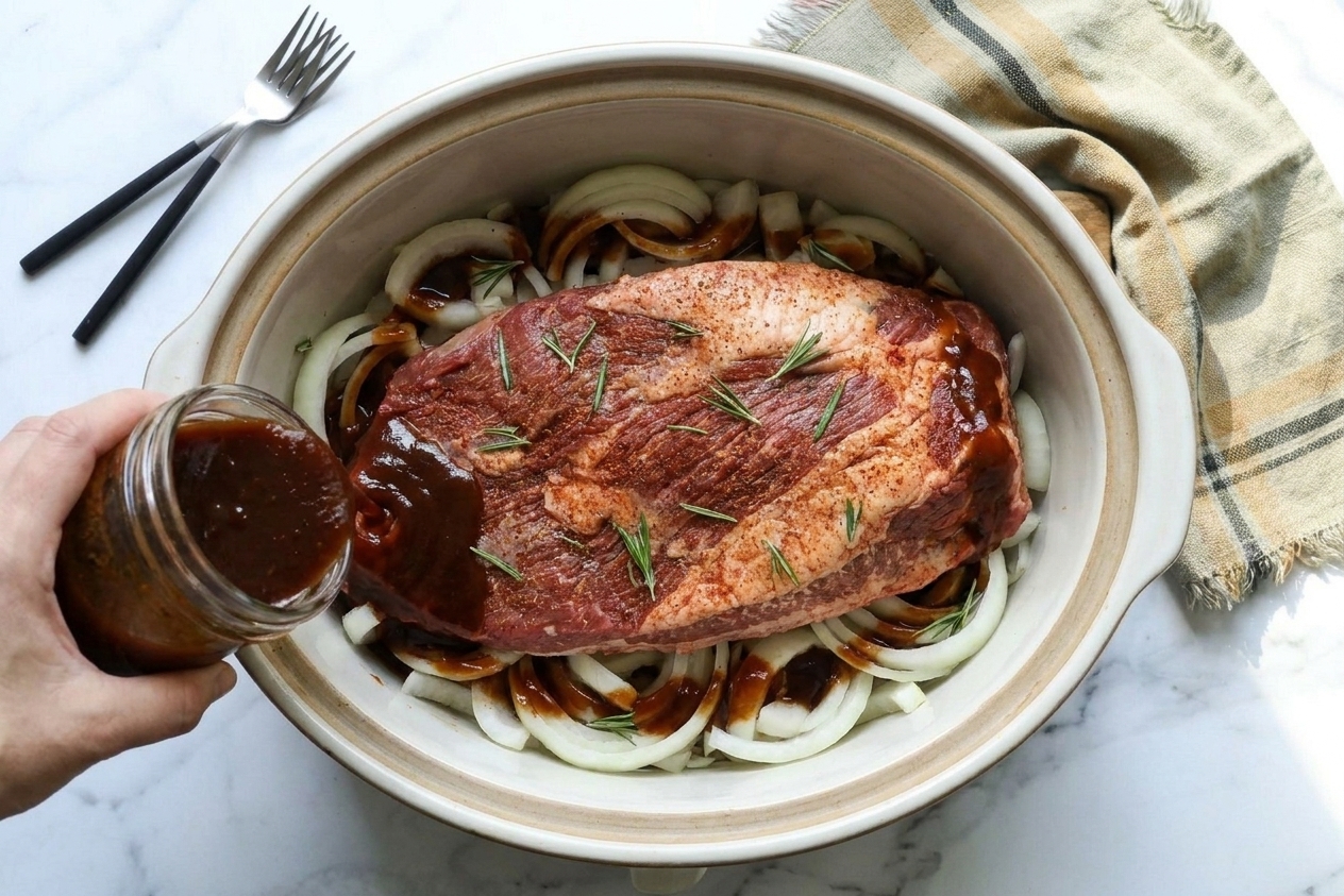 A brisket sitting on a bed of sliced onions inside a slow cooker, with sauce being poured in around the meat