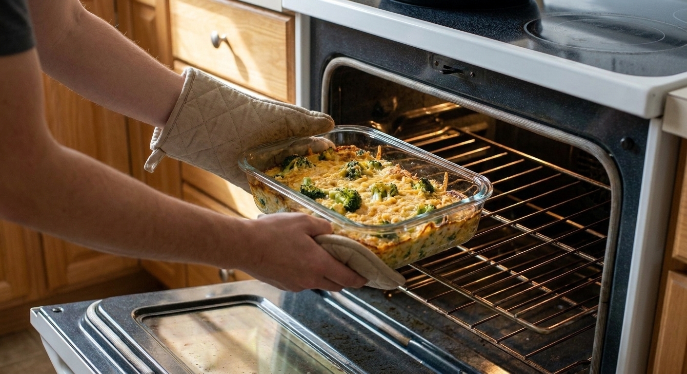 A broccoli and cheese casserole in a baking dish being placed into a home oven with warm kitchen lighting