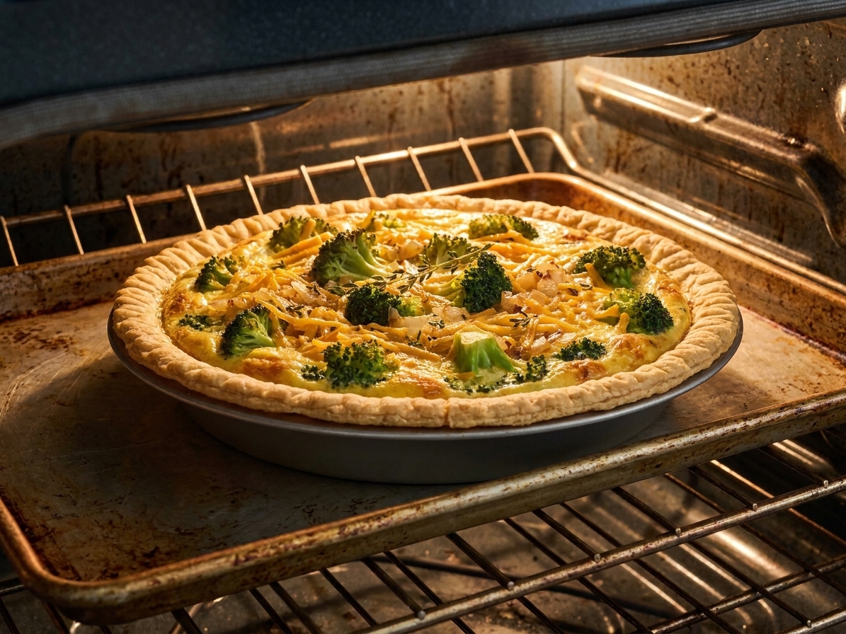 A broccoli cheddar quiche baking on a rimmed sheet pan inside an oven, custard puffed and lightly golden