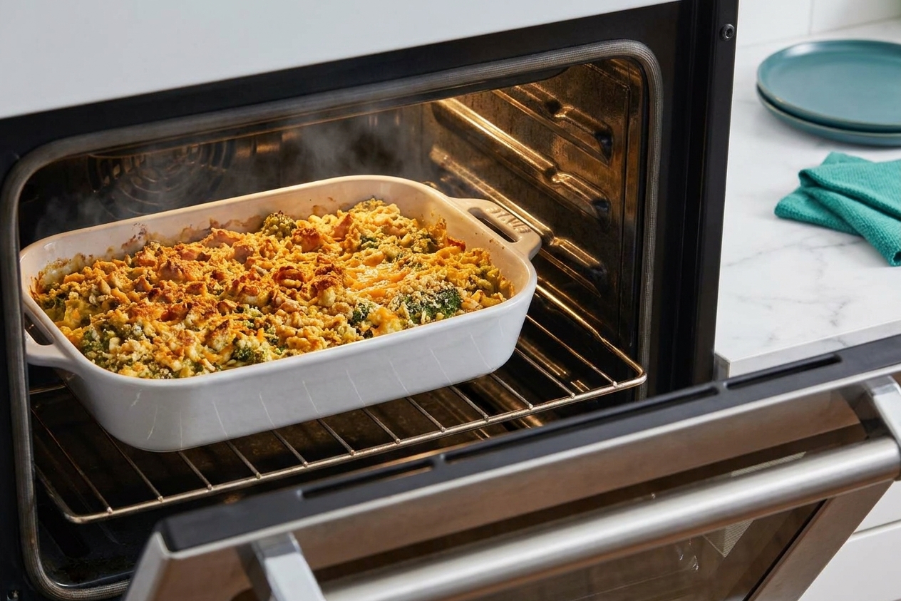 A broccoli cheese casserole baking in the oven with a bubbling golden cracker topping, seen through the oven door window