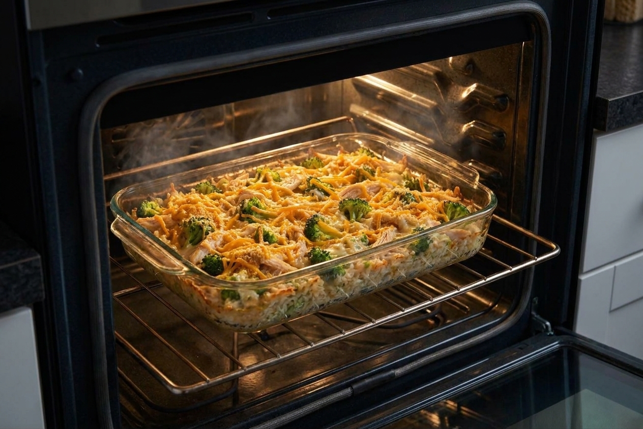 A broccoli rice casserole baking on the middle rack of an oven in a glass or ceramic dish, top turning golden