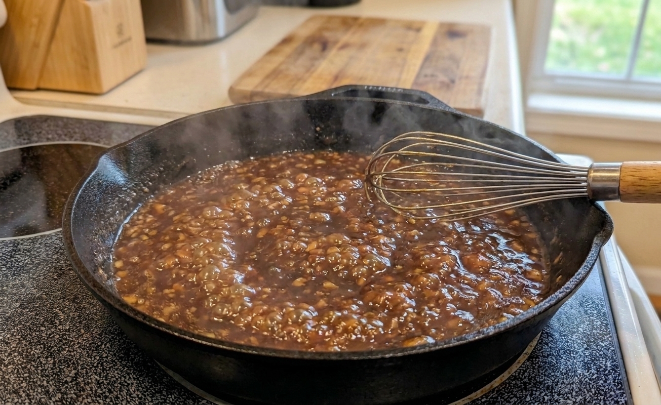 A brown sauce bubbling in a skillet as it thickens, with a whisk resting at the edge