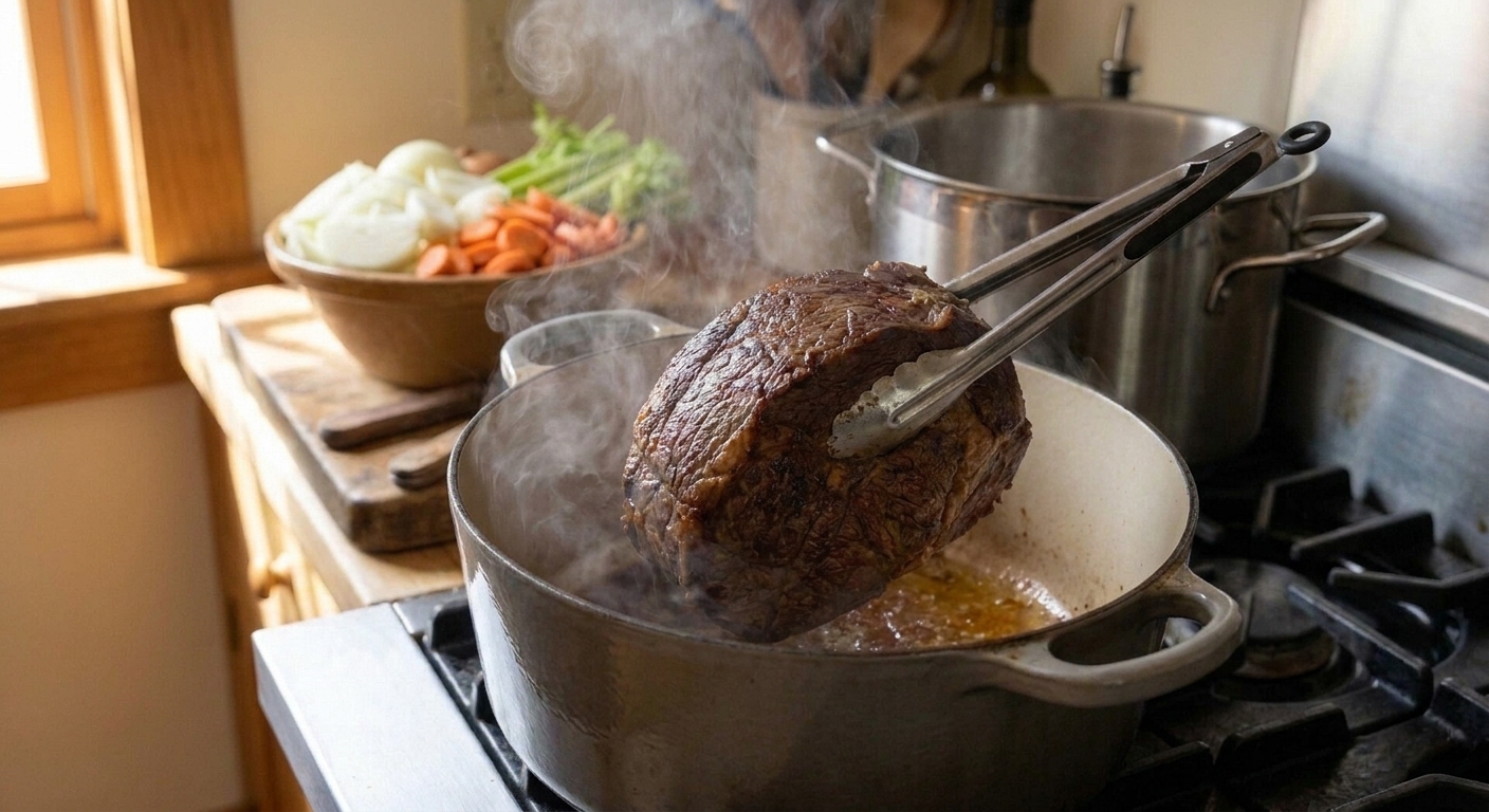A browned beef chuck roast searing in a Dutch oven with a caramelized crust forming on the surface