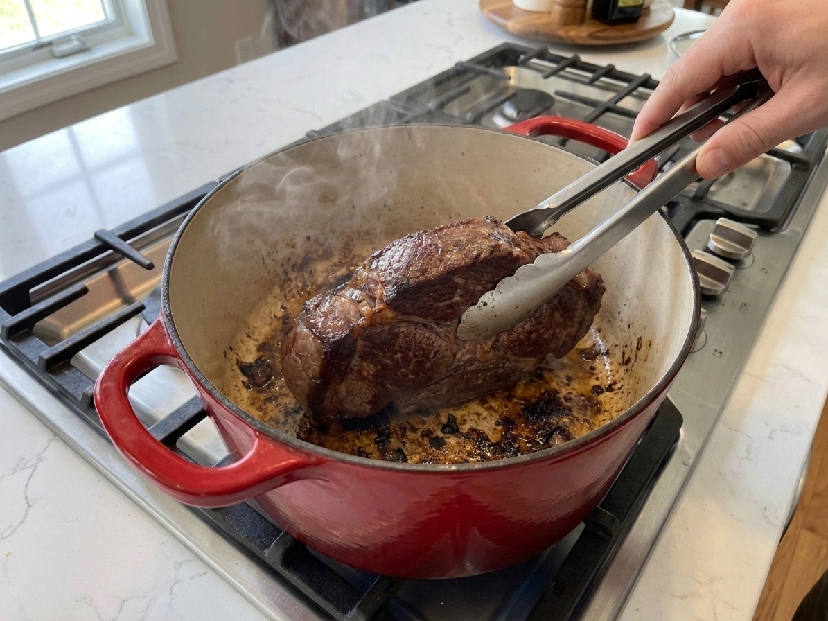 A browned chuck roast being seared in a Dutch oven with visible caramelized bits on the bottom