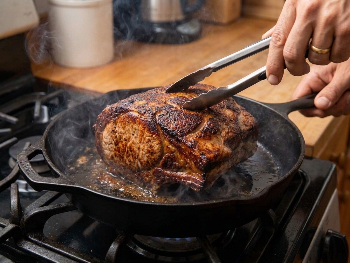 A browned pork roast in a hot skillet with caramelized crust forming on the surface