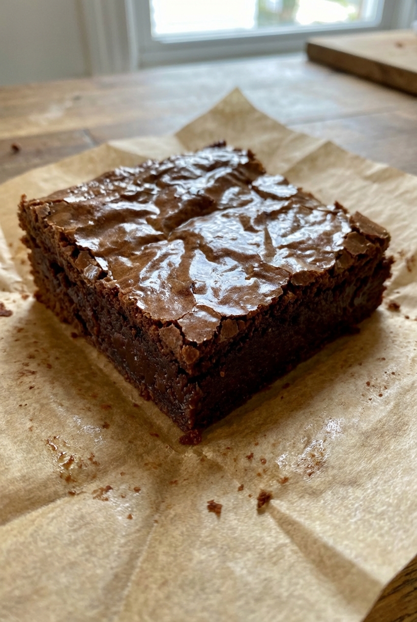 A brownie square with a shiny crackly top on parchment paper