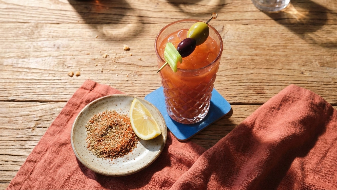 A brunch table setting with a Bloody Molly in a tall glass beside a small plate and napkin on a wooden table in natural light