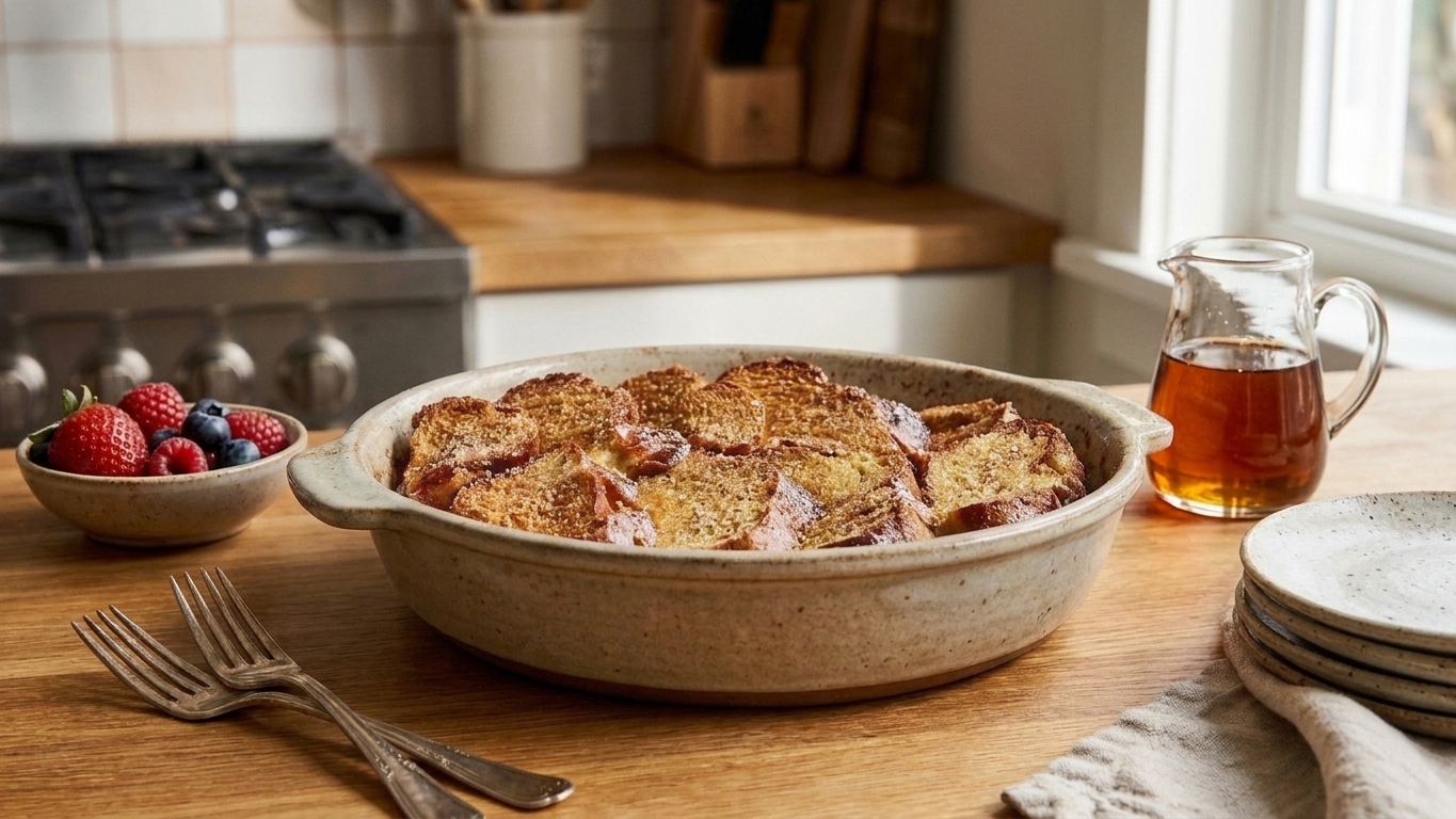 A brunch table setting with a baking dish of French toast bake, maple syrup, plates, forks, and a small bowl of berries