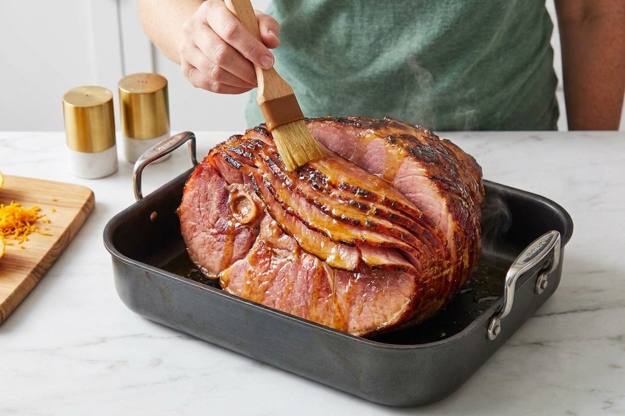 A brush spreading shiny honey glaze over a warm spiral ham in a roasting pan