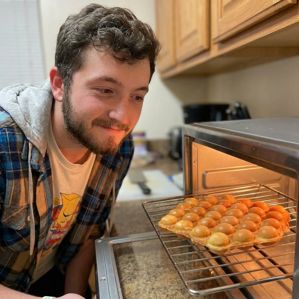 A bubble egg waffle reheating on the rack of a toaster oven with the bubbles turning crisp and lightly browned