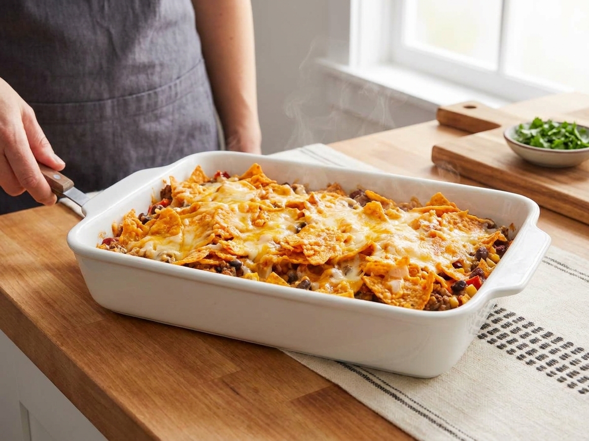 A bubbling Dorito casserole in a white baking dish with a crunchy nacho cheese chip topping and melted cheddar, sitting on a warm-toned kitchen counter