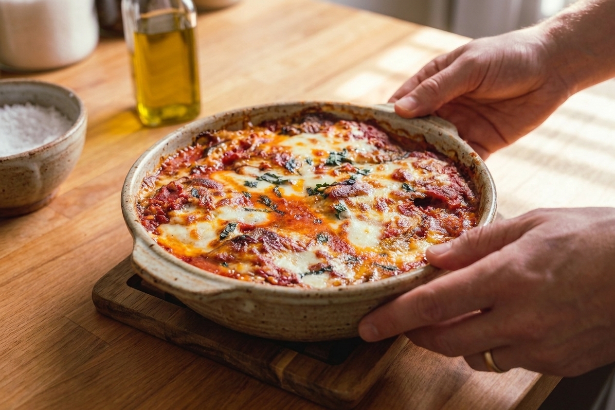 A bubbling baked eggplant lasagna in a ceramic casserole dish with browned mozzarella on top, sitting on a wooden kitchen counter in warm natural light