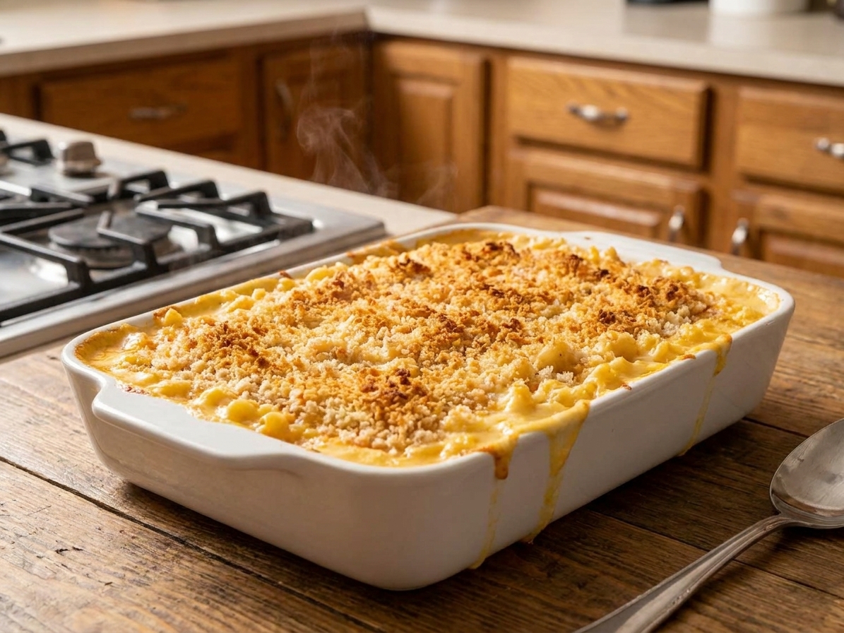 A bubbling baked mac and cheese casserole with a golden breadcrumb topping in a white baking dish on a wooden table