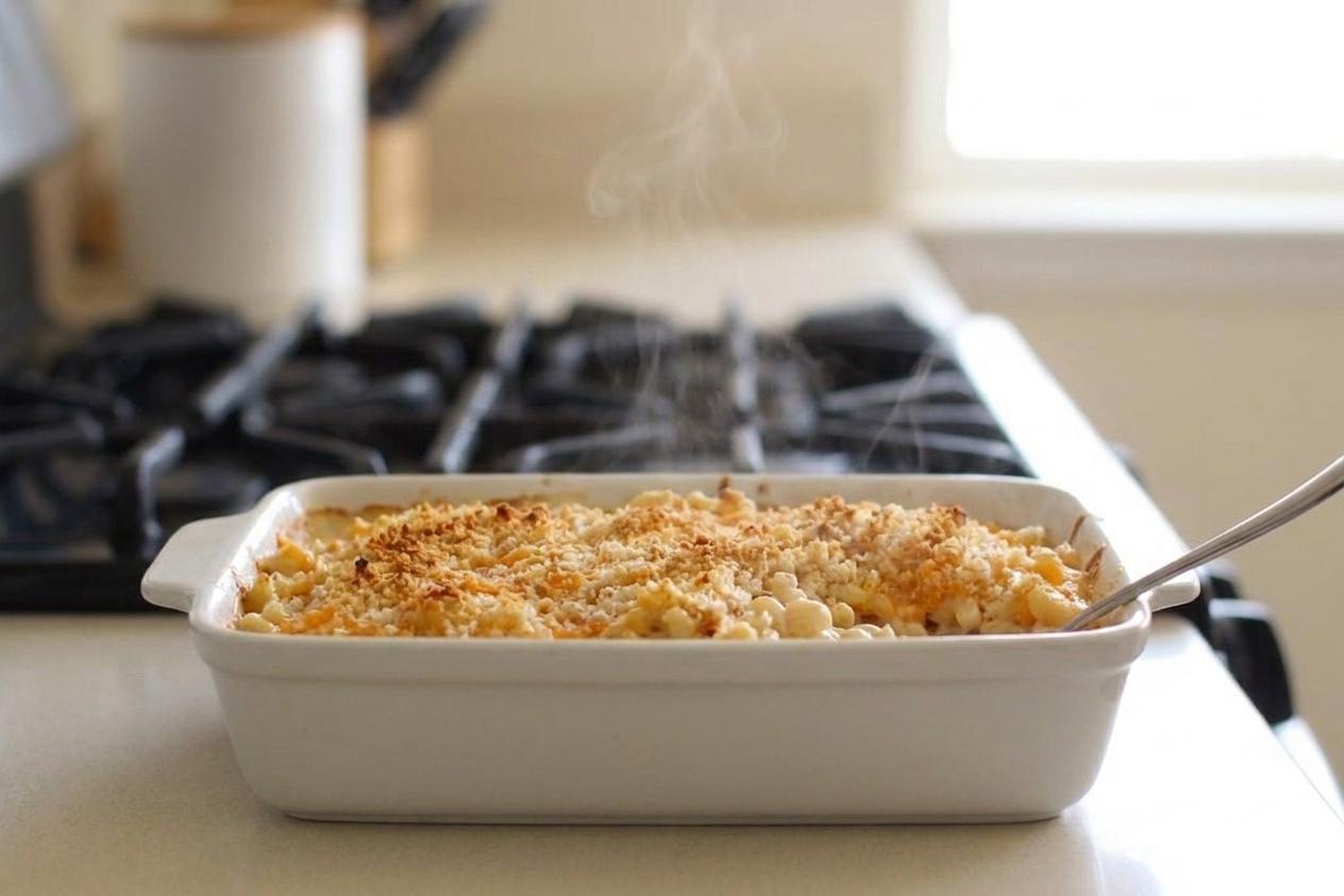 A bubbling baked mac and cheese in a white casserole dish with a golden browned top, sitting on a warm-toned kitchen counter
