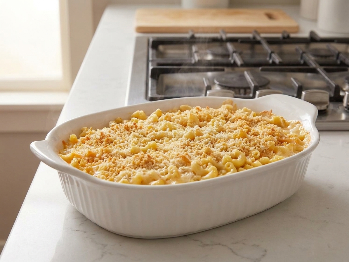 A bubbling baked macaroni and cheese casserole in a white baking dish with a golden breadcrumb topping on a light kitchen counter