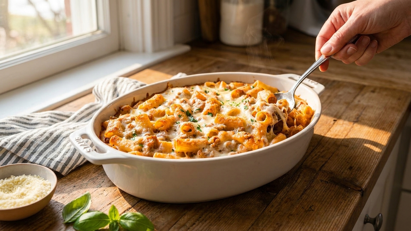A bubbling baked mostaccioli casserole in a white ceramic baking dish with browned mozzarella on top, sitting on a wooden kitchen counter with warm natural light