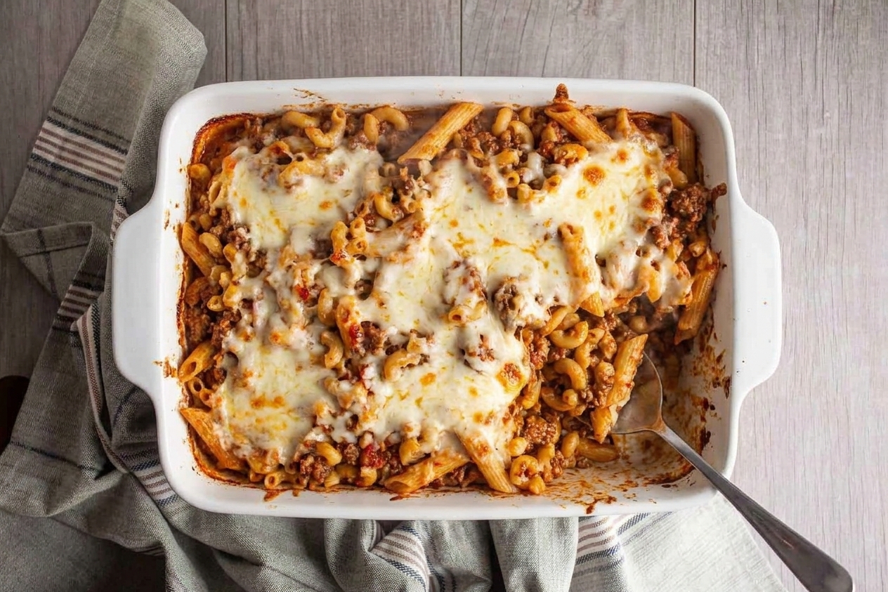 A bubbling baked pasta casserole made with elbow macaroni and penne, topped with melted mozzarella and golden browned edges in a white baking dish on a kitchen counter