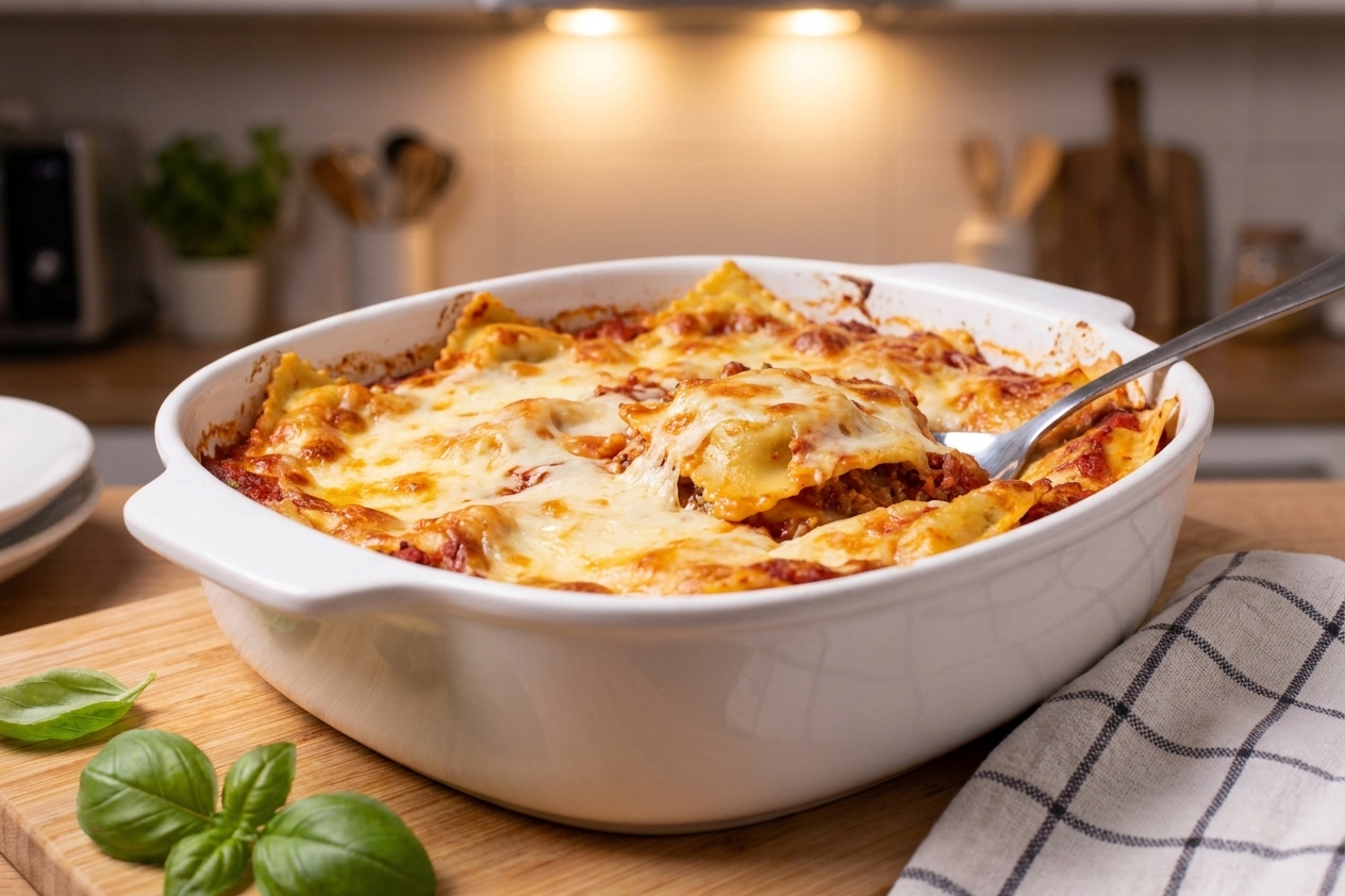 A bubbling baked ravioli lasagna in a white ceramic casserole dish with browned mozzarella on top, a serving spoon resting in the dish on a warm kitchen counter