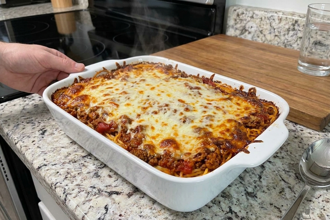 A bubbling baked spaghetti casserole in a white baking dish on a warm kitchen counter, topped with melted mozzarella and browned edges