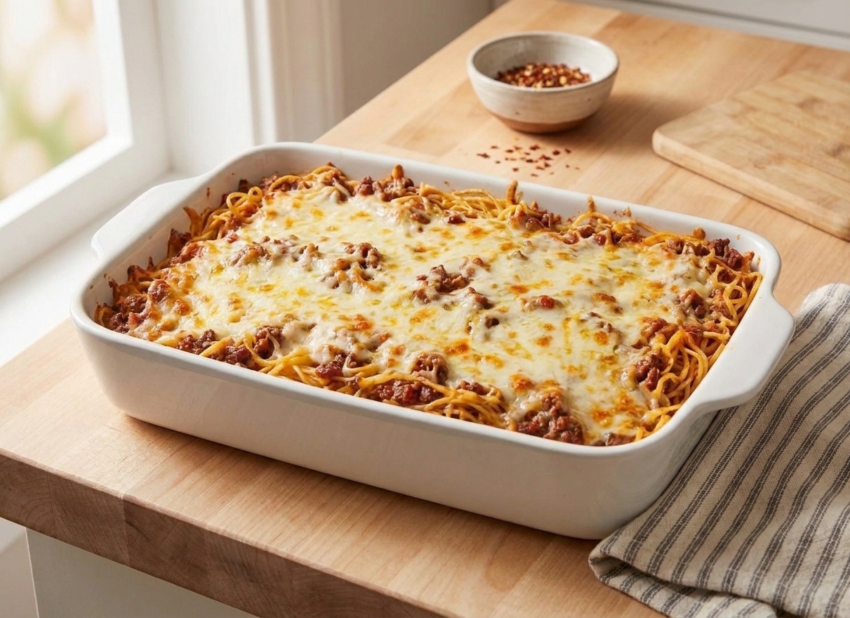 A bubbling baked spaghetti casserole in a white ceramic baking dish with a golden melted mozzarella top on a warm kitchen counter