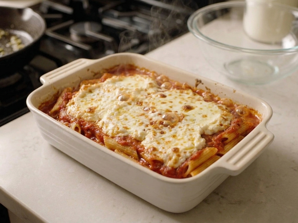 A bubbling baked ziti casserole in a white ceramic baking dish with a golden melted mozzarella top on a light stone countertop