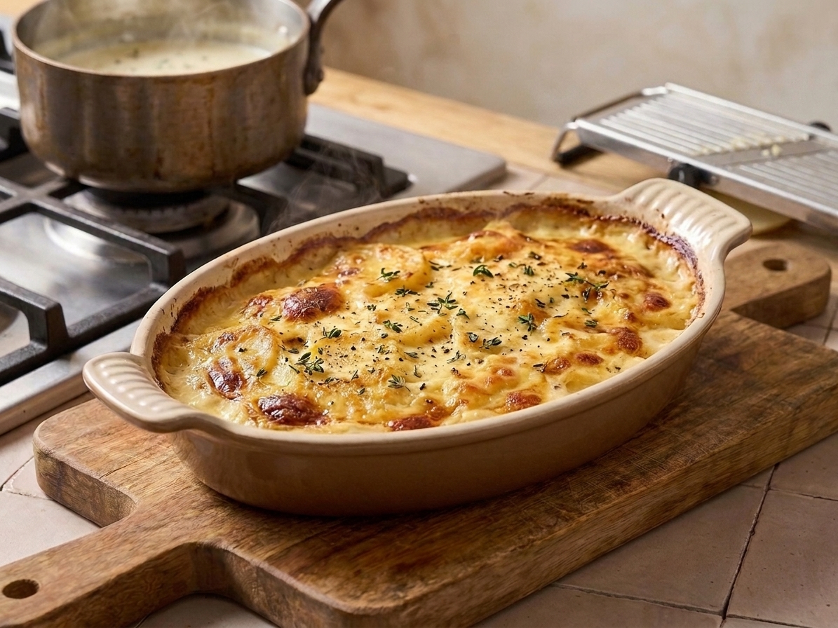 A bubbling baking dish of Dauphinoise potatoes with a golden top and creamy edges