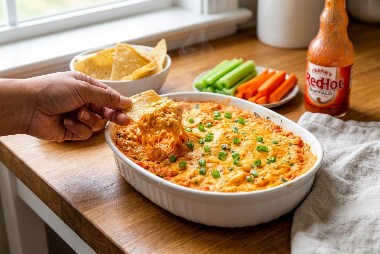 A bubbling baking dish of Frank’s RedHot buffalo chicken dip fresh from the oven, topped with melted cheddar and green onions on a warm kitchen counter