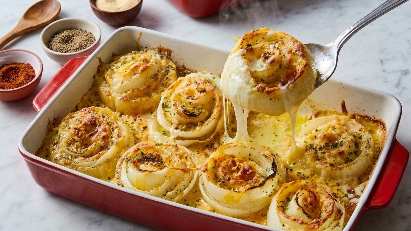 A bubbling baking dish of Tennessee onions with golden melted cheese on top, set on a wooden table with a serving spoon