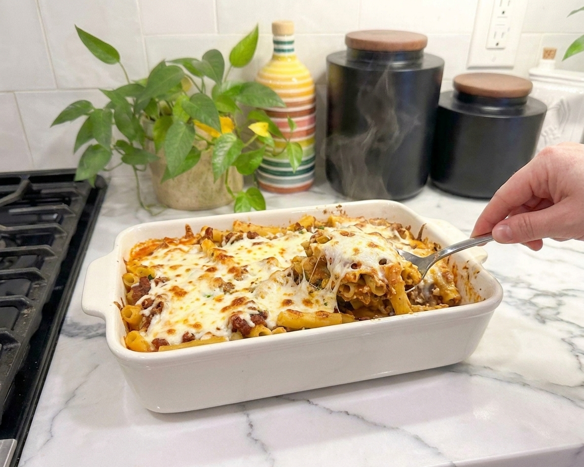A bubbling baking dish of baked ziti with meat sauce and melted mozzarella, browned in spots, on a neutral kitchen counter with a serving spoon nearby