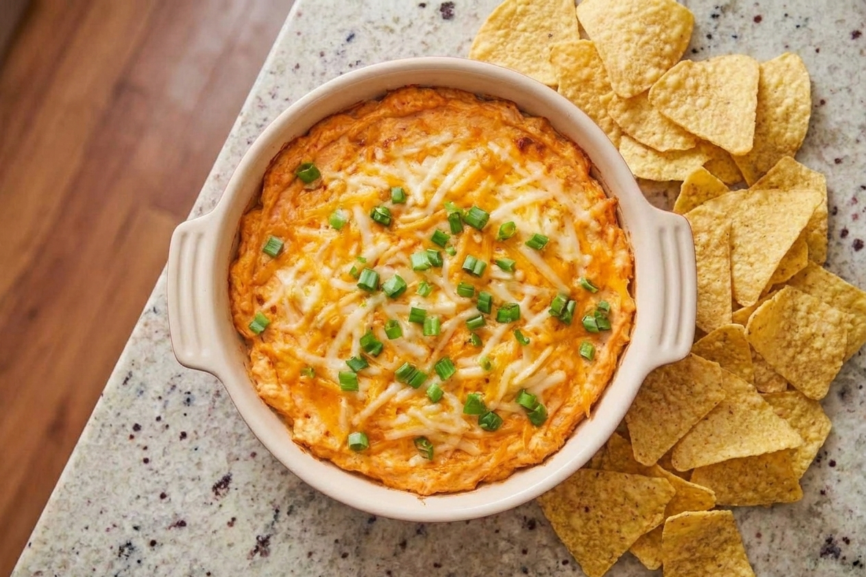 A bubbling baking dish of buffalo chicken dip with a golden, melted cheese top and a few chopped scallions, set on a warm kitchen counter with tortilla chips nearby