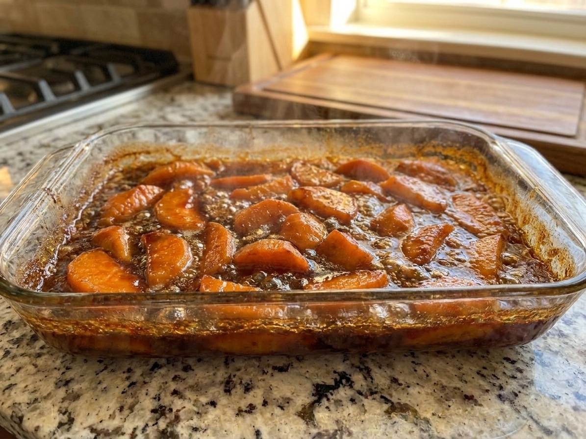 A bubbling baking dish of candied yams with glossy brown sugar syrup and caramelized edges on a warm kitchen counter