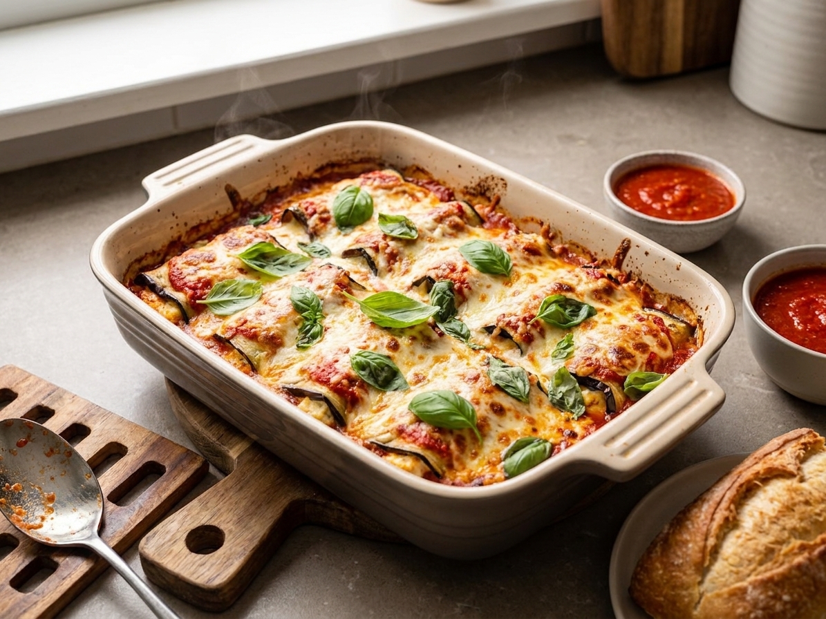 A bubbling baking dish of eggplant rollatini with marinara sauce, melted mozzarella, and fresh basil on a warm kitchen counter