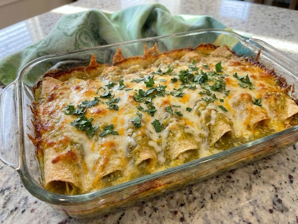 A bubbling baking dish of green chicken enchiladas covered in melted Monterey Jack and cilantro on a warm, softly lit kitchen counter