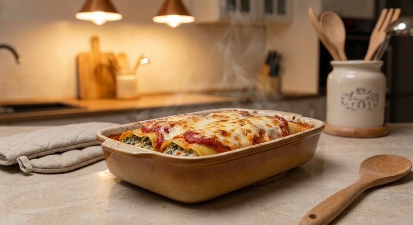 A bubbling baking dish of spinach and ricotta cannelloni covered in tomato sauce and browned mozzarella on a light stone kitchen counter