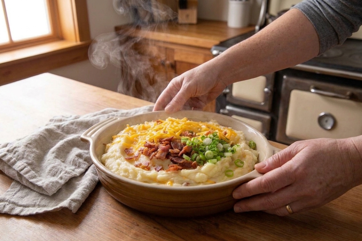 A bubbling baking dish of swamp potatoes with melted cheddar on top, scattered green onions, and crisp bacon bits on a warm kitchen table
