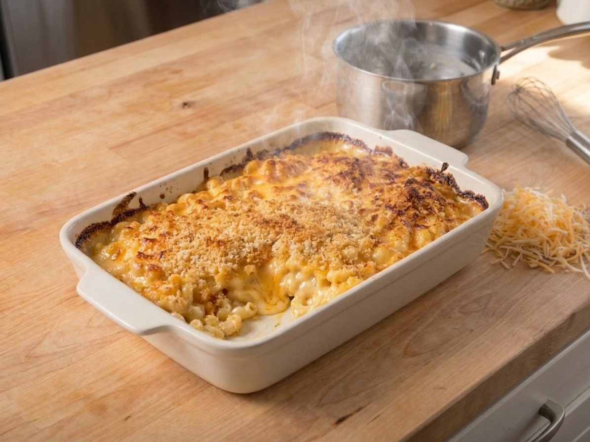 A bubbling casserole dish of Southern baked mac and cheese with a deeply golden top and crisp edges on a warm kitchen counter