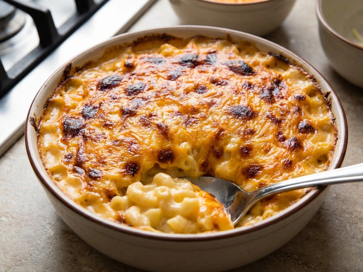 A bubbling casserole dish of Southern baked macaroni and cheese with a deeply golden, crisp top on a neutral stone countertop in a bright home kitchen