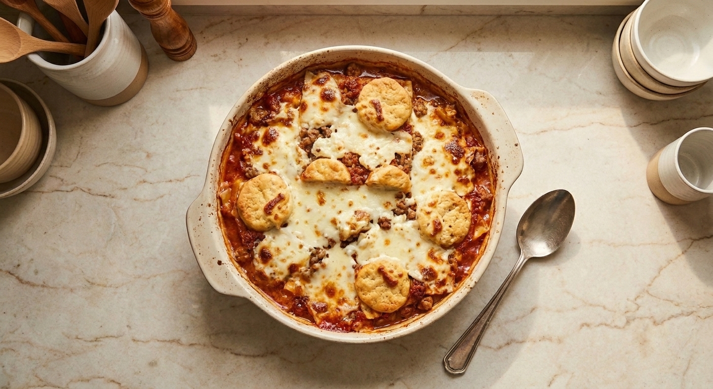 A bubbling casserole dish of dumpling lasagna with melted mozzarella and golden browned spots on top, sitting on a light kitchen counter with a serving spoon nearby