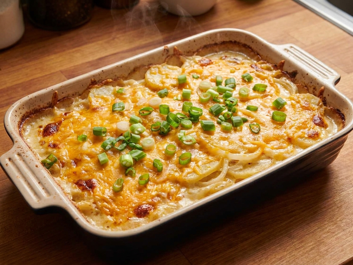 A bubbling casserole dish of swamp potatoes with melted cheddar on top and sliced green onions, sitting on a warm-toned kitchen counter
