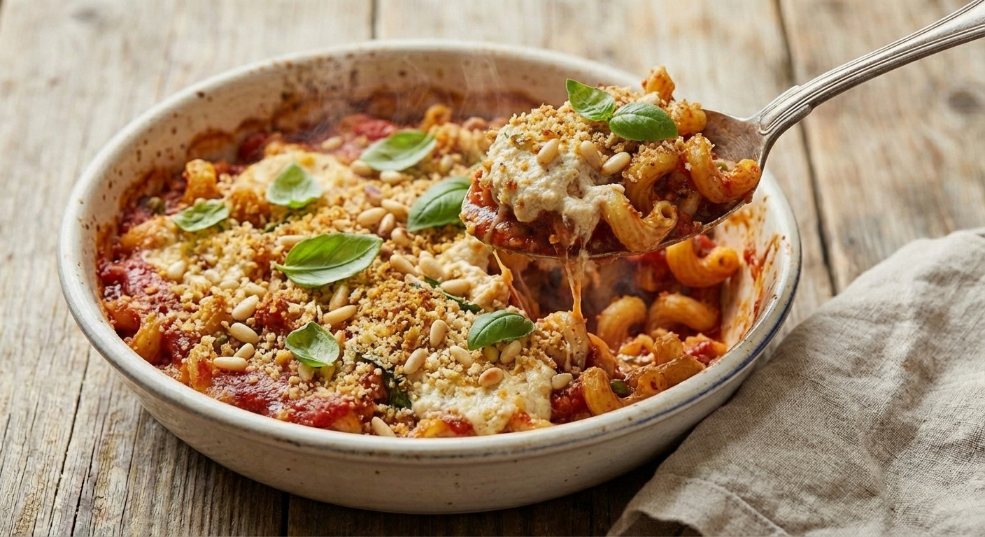 A bubbling casserole dish of vegan baked pasta with a golden crunchy breadcrumb topping on a wooden table with a serving spoon
