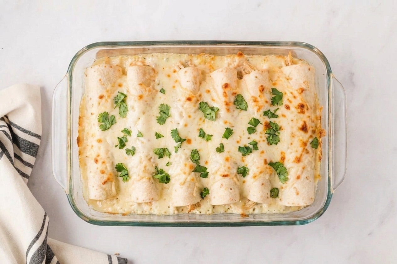 A bubbling casserole dish of white chicken enchiladas fresh from the oven, covered in melted Monterey Jack and scattered cilantro on a warm kitchen counter