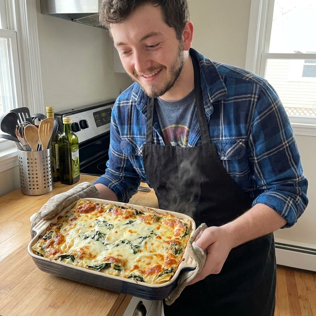 A bubbling casserole dish of white chicken lasagna fresh out of the oven, with golden melted mozzarella and visible spinach layers, set on a wooden counter